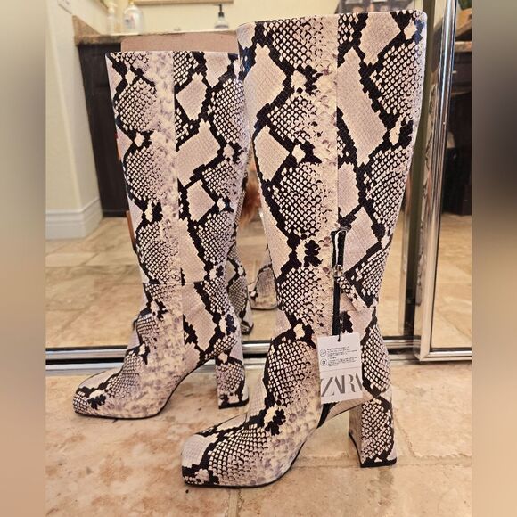 NWT ZARA BOOTS SNAKE PRINT INNER PLATFORM LEATHER HEELED KNEE HIGH BOOTS - Picture 13 of 14